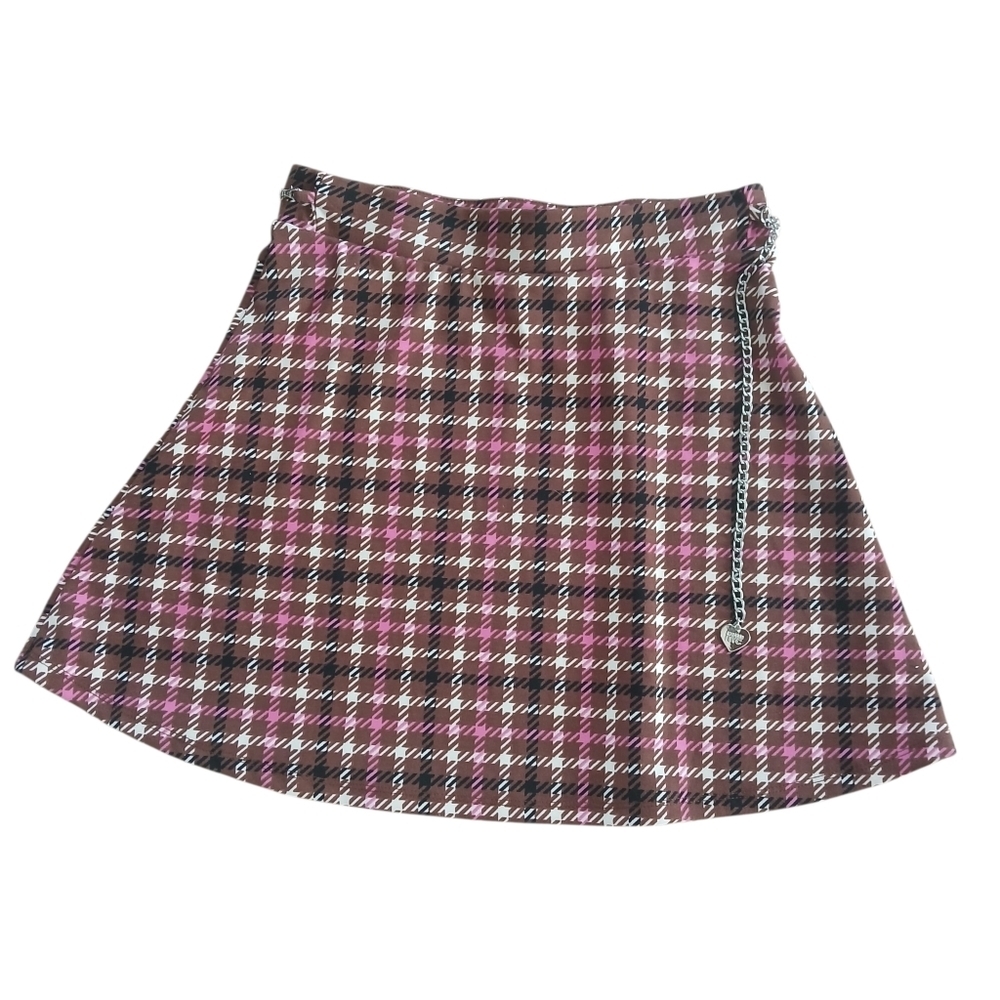 Plaid Circle Skirt with Chain Accent in Pink and Brown Preppy Academia